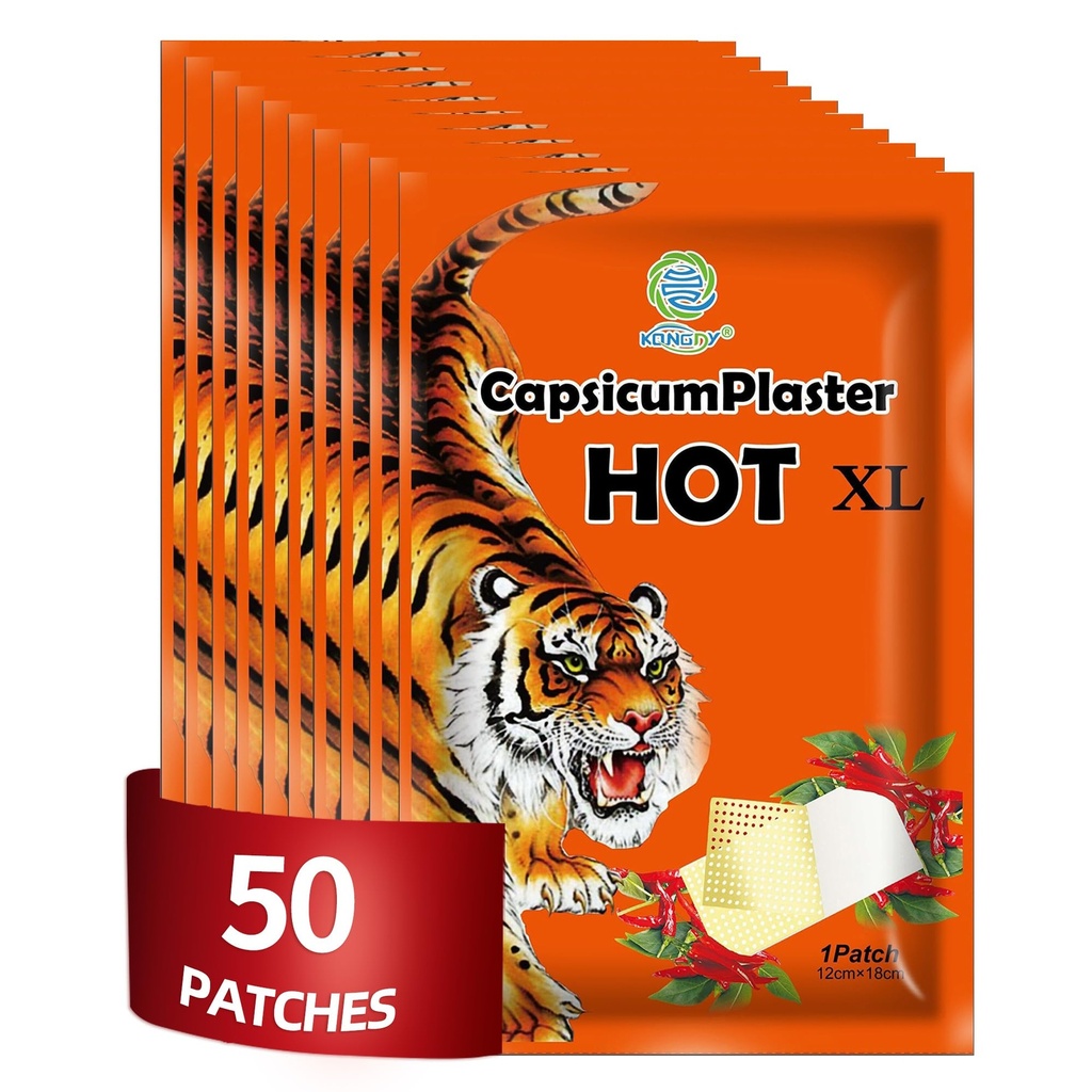 KONGDY 50pcs Hot Capsaicin Patches, 4.72"x7.08" Extra Strength Tiger Patches, Heat Capsicum Patch for Relieving Back, Nack, Shoulder, Knee