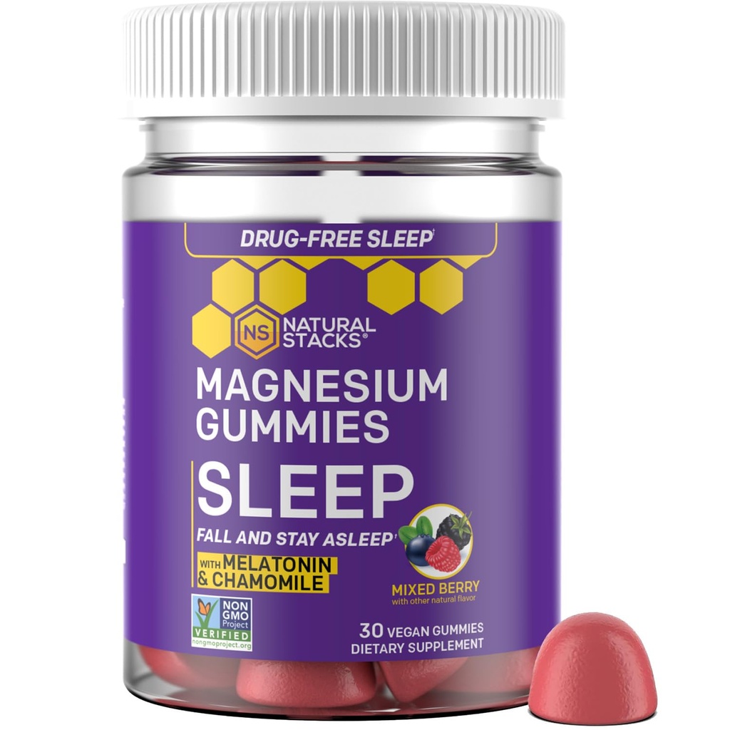Sleep Magnesium Gummies with Melatonin - 200mg Magnesium Citrate - Melatonin Gummies for Sleep Quality - Nighttime Aid for Adults with Chamomile - 30 Mixed Berry Chewables