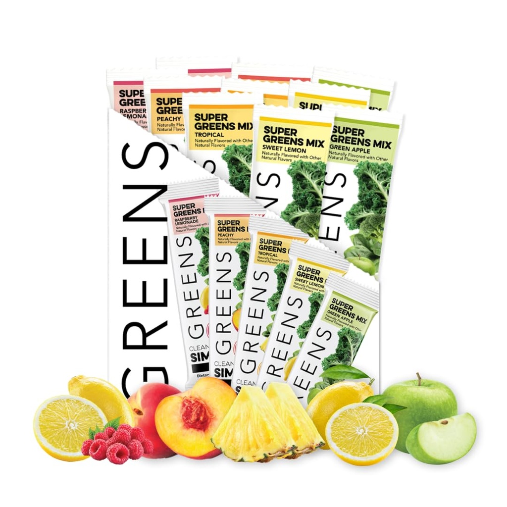 Clean Simple Eats Greens Variety 10 Pack, Greens Powder Mix, Packed with Superfoods Chlorella & Spirulina, Includes 5 Delicious Flavors: Peachy, Green Apple, Raspberry Lemonade, Sweet Lemon & Tropical