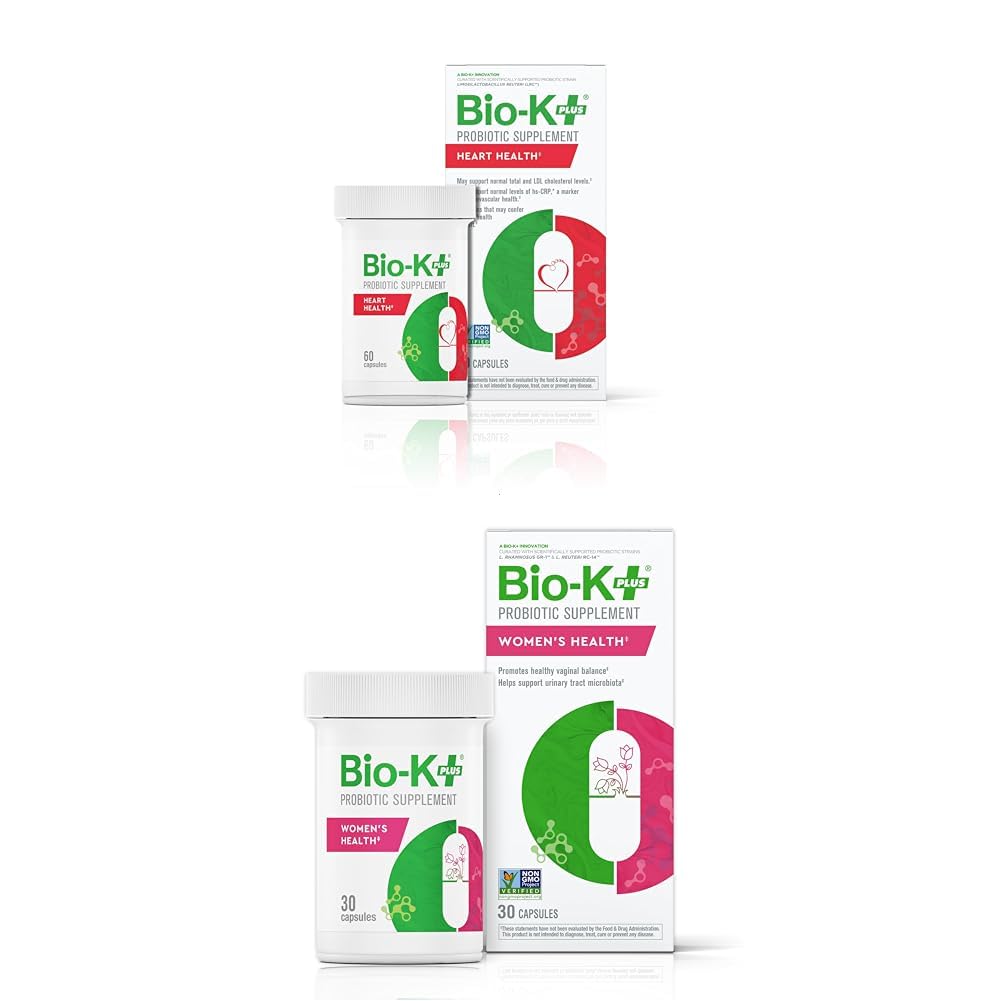 Bio-K+ Probiotic Bundle: Heart Health (60 ct) for Cholesterol Support + Women’s Health (30 ct) for Vaginal & Urinary Tract Health. Vegan, Non-GMO, Shelf-Stable.