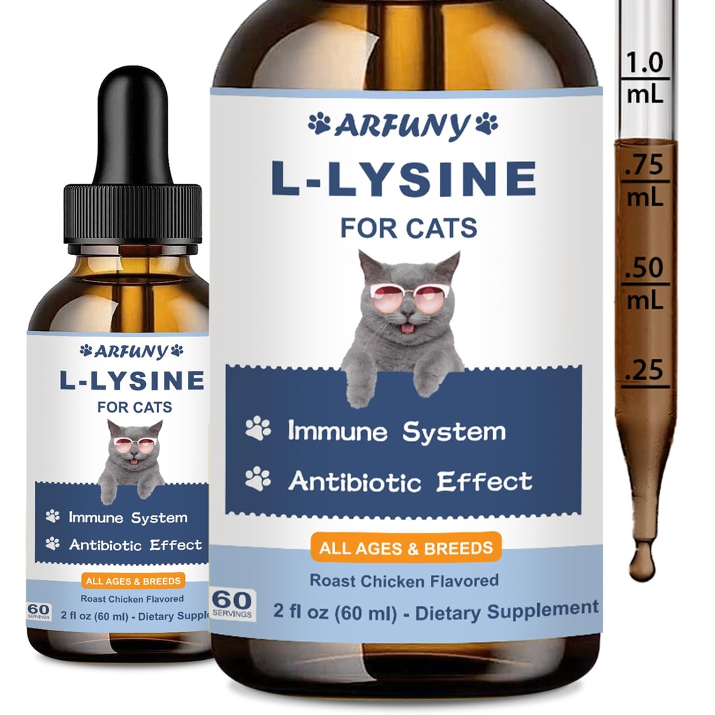L-Lysine for Cats, Immune, Respiratory, Eye Function Support, 60ML | Sneezing, Runny Nose, Watery Eyes, Natural Cat Antibiotic Drops, with Natural Ingredients & Vitamins, Roast Chicken Flavor