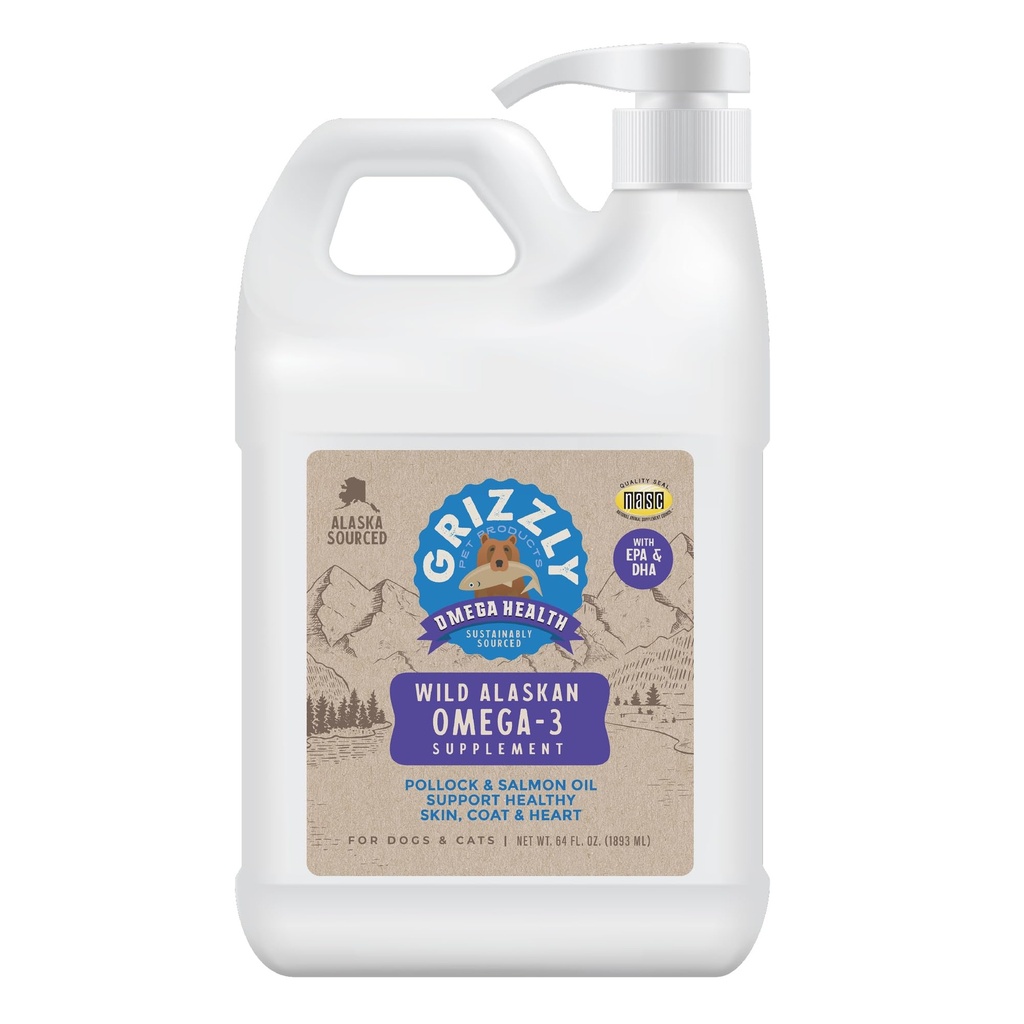 Grizzly Pet Products Omega Health Liquid Omega-3 Supplement for Dogs and Cats, 64 Ounce Jug