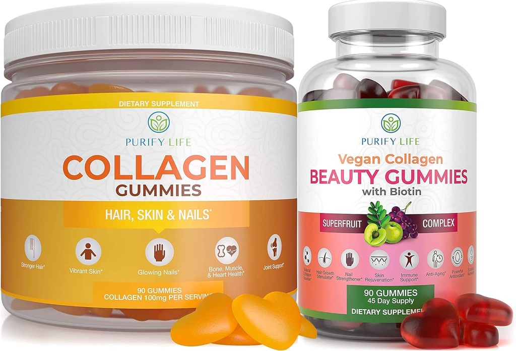 Purify Life Marine Collagen & Vegan Collagen Bundle, Gummies Vitamins for Hair Skin and Nails Health (90 Chews), Pore Reducer & Elasticity, Replace Capsules, Pills