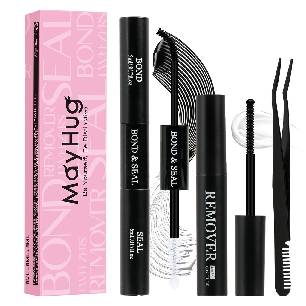 Mayhug Lash Bond and Seal with Lash Glue Remover and Tweezers for Lash Extension Clusters Fast Removal, Waterproof Eyeash Glue Lash Extension Remover Lash Applicator Tools for Beginners