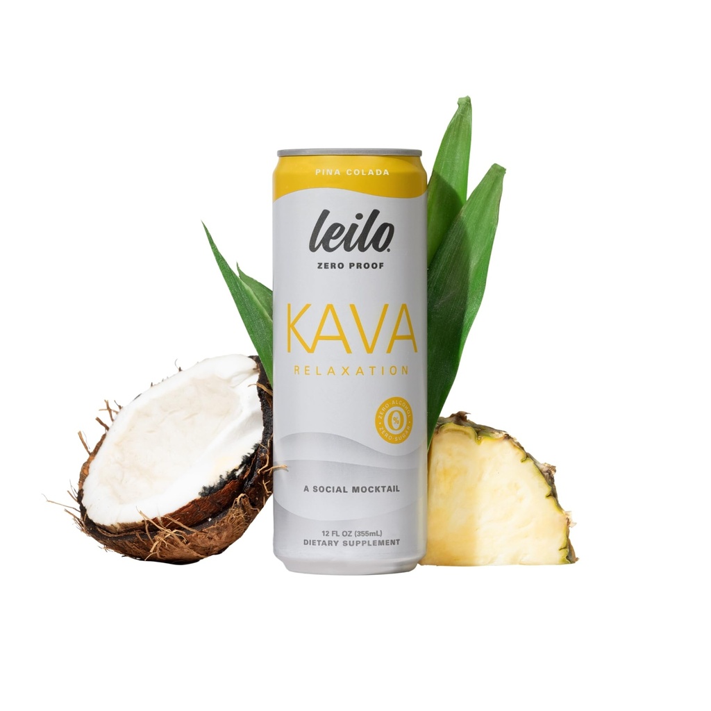 Leilo | Kava Powered Pina Colada Mocktail Drink | Sugar-Free & Non-Alc Functional Relaxation Support | 12 fl oz Cans (Pack of 12)