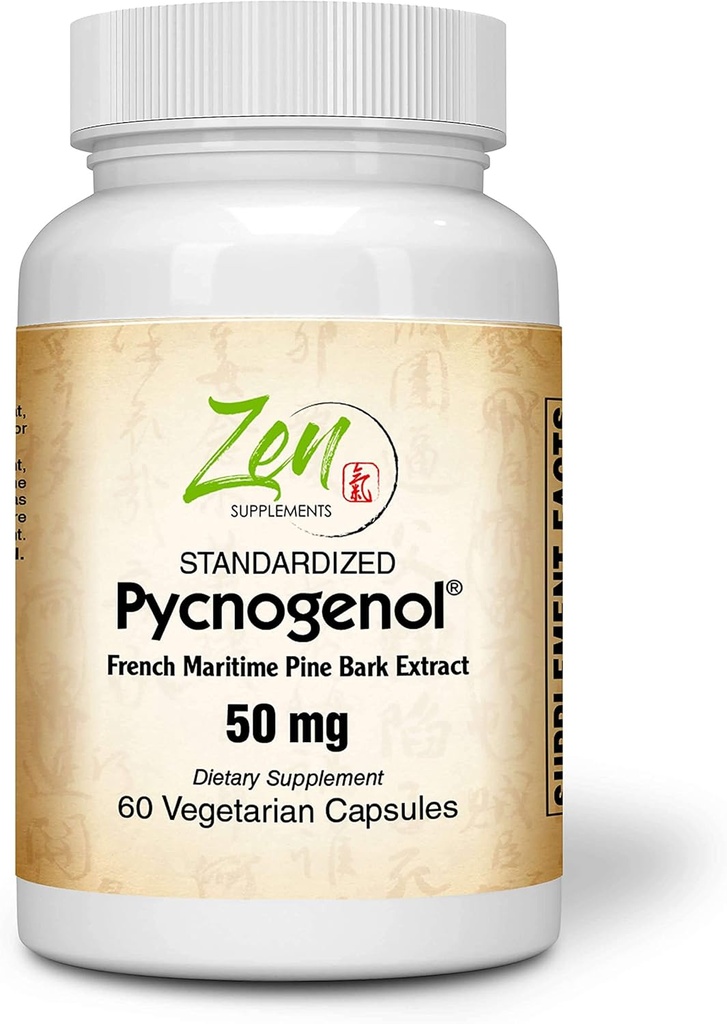 Zen Supplements Pycnogenol 50mg - Standardized French Maritime Pine Bark Extract for Antioxidant & Inflammation Support - Non-GMO, Gluten & Soy Free 60-Vegcaps