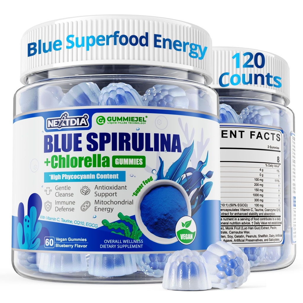 Organic Blue Spirulina Gummies, High Phycocyanin from Nutrient-Rich Blue-Green Algae for Antioxidants, Cellular Energy & Cleanse, Superfood w/Chlorella, CoQ10 & VC,Taurine,Green Tea, Sugar Free, 120Ct