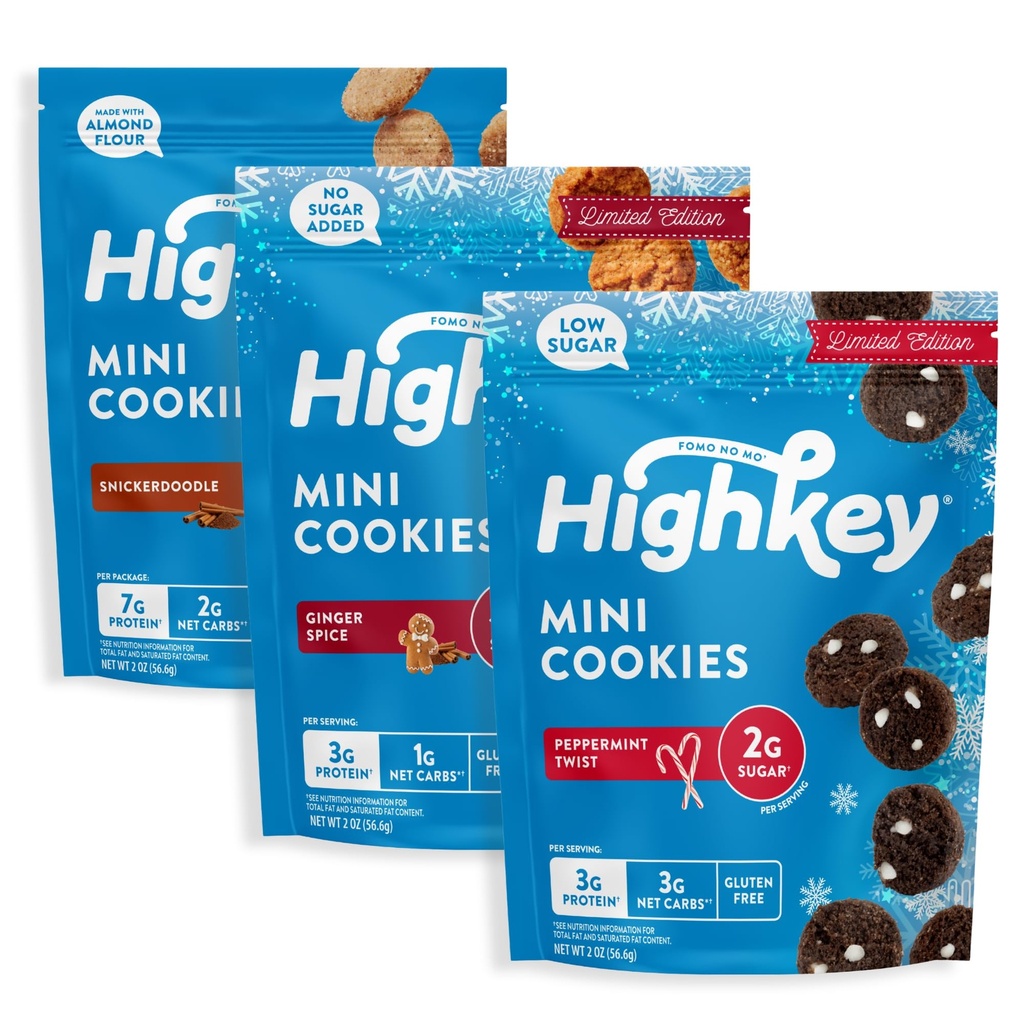HighKey Holiday Variety Pack - Low Carb Cookies - Peppermint, Snickerdoodle, Ginger Spice - Low Sugar & Gluten Free Snack - Diet Friendly Sweets - 2 Ounce (Pack of 3)