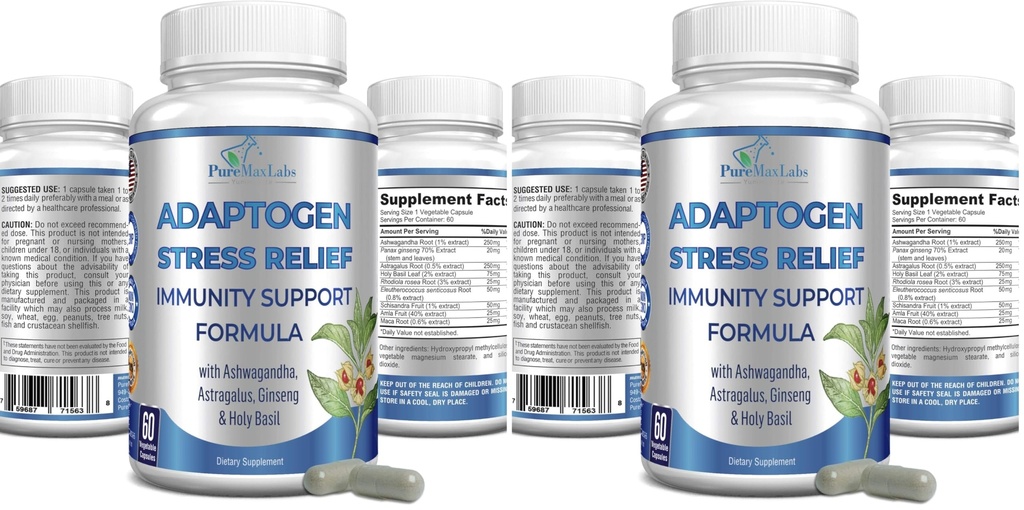 Adaptogen Stress Relief Immune Support Formula - Adaptogenic Adrenal Support with Ashwagandha, Astragalus, Ginseng, Holy Basil, Rhodiola, Amla, Maca, Schisandra, Non-GMO - 60 Capsules (Pack of 2)