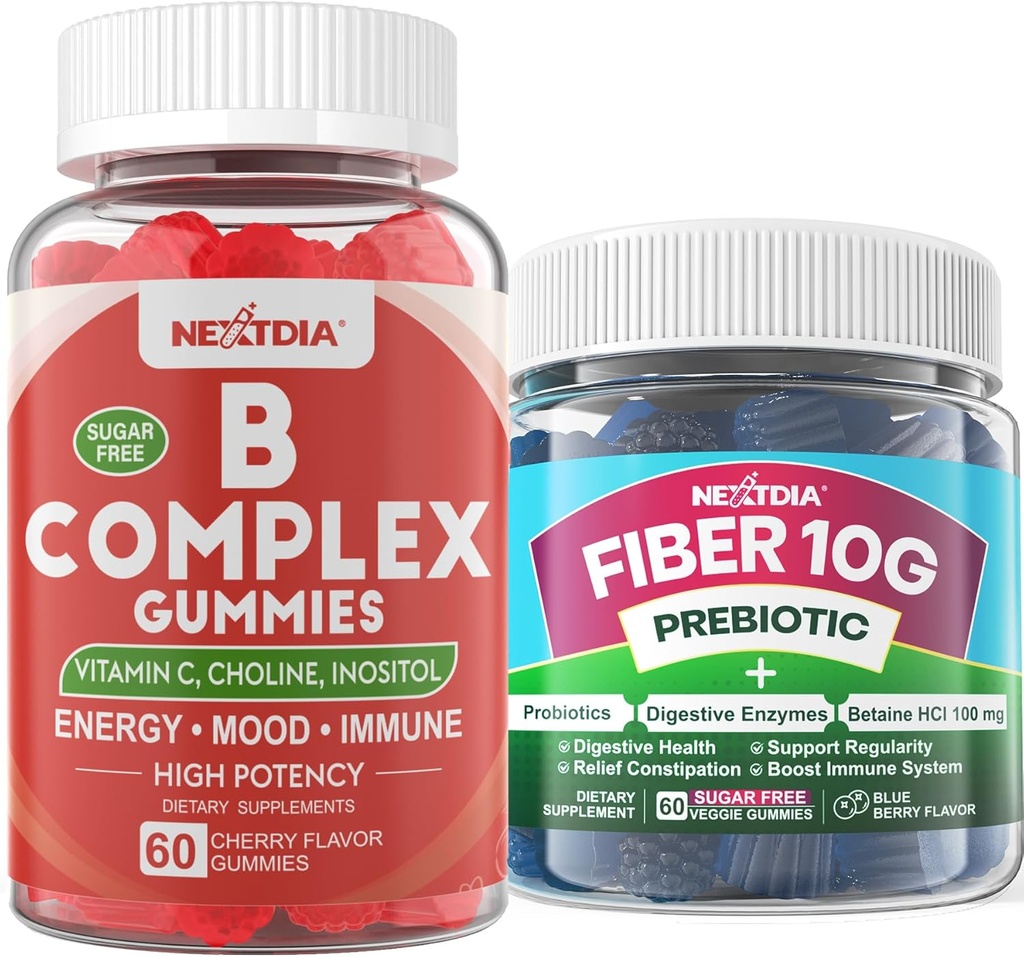 2 Pack Methylated Vitamin B Complex + 1 Pack Sugar Free 10g Prebiotic Fiber Supplement, Gummies for Adults