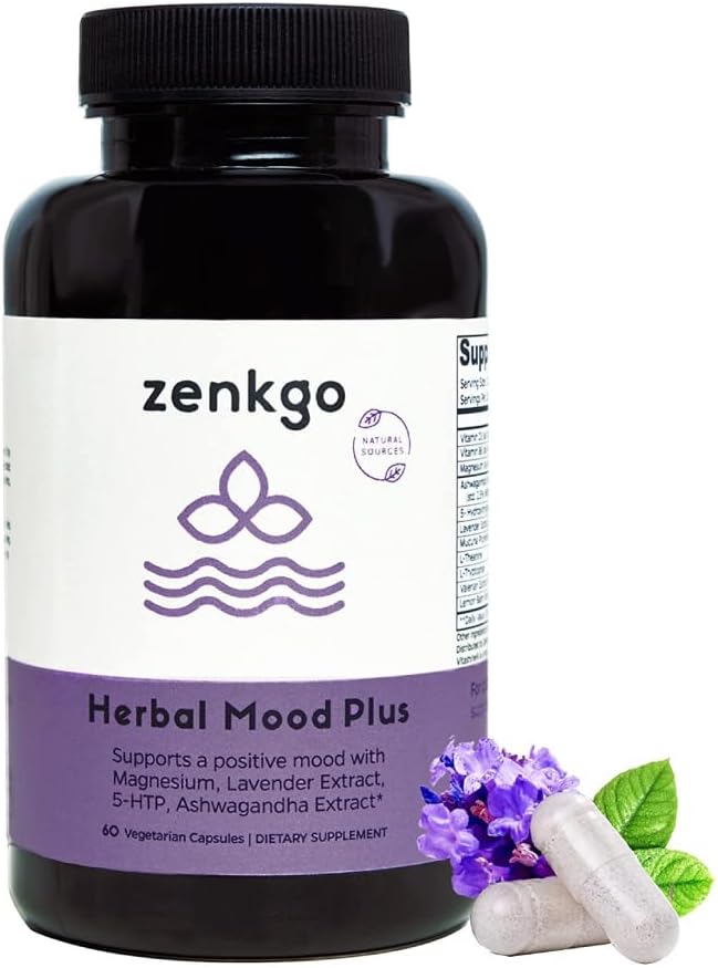 Zenkgo Ashwagandha, 5-HTP, Lavender, Mucuna, L-tryptophan - Mood Support Supplement, Plant-Based, Herbal Mood Plus Helps with Calm Mind & Stress Relief, Emotion Blalance, Positivity (60Ct/30Day)
