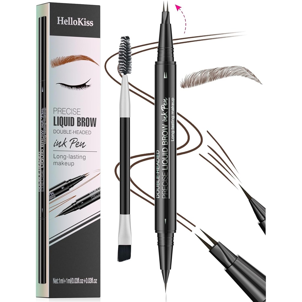 9708 2-Tip Double-Ended Eyebrow Pen, 2-in-1, with Eyebrow Brush. Waterproof and Sweat Proof,Precise Liquid Brow, 5 Shades, Long-Lasting (3#Dark Brown)