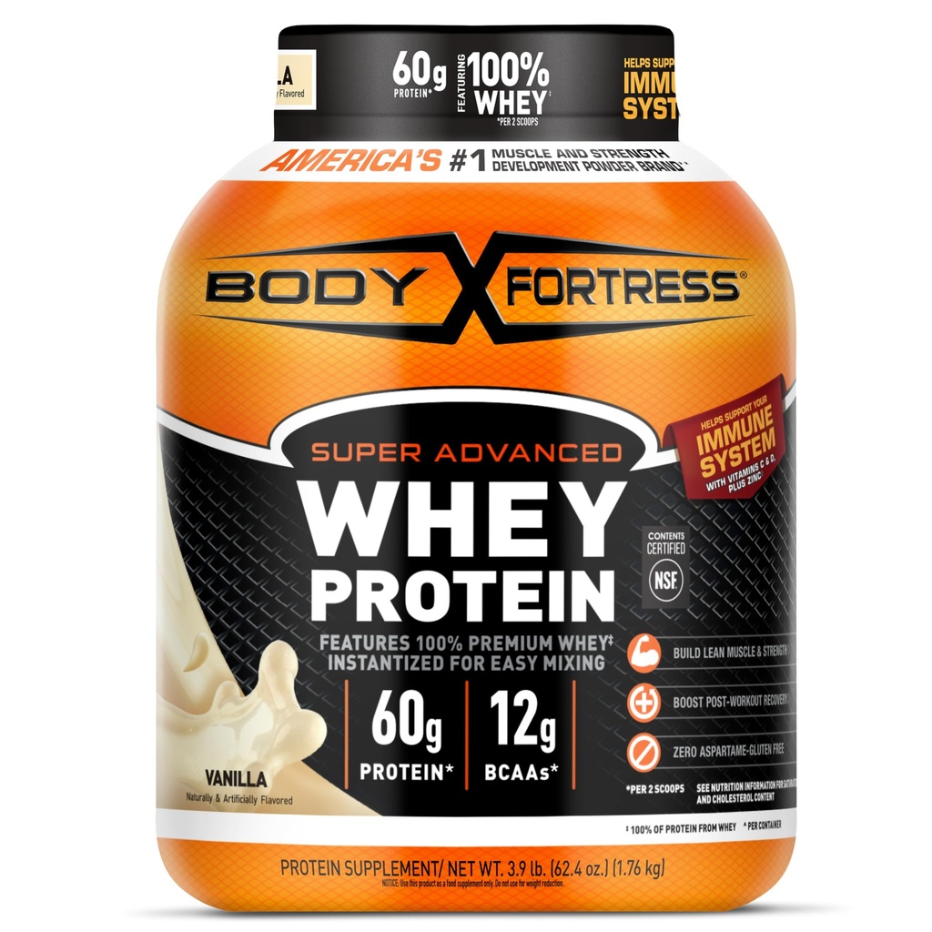 Body Fortress Super Advanced Whey Protein Powder, Gluten Free, Vanilla, Immune Support (1), Vitamins C & D Plus Zinc, 3.9 lbs.