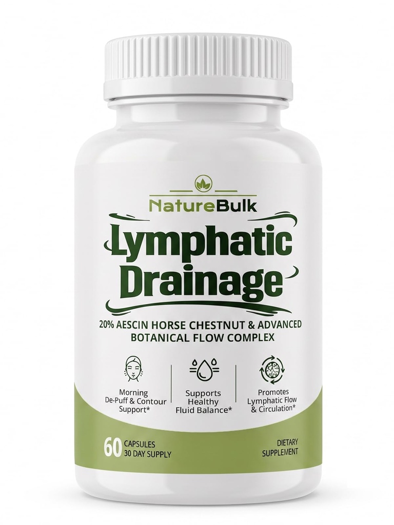 Lymphatic Drainage Support, Echinacea & Horse Chestnut - 60 Caps | Dandelion, Bromelain, fluid balance support, healthy circulation, morning de-puff, water weight management, vegan capsules