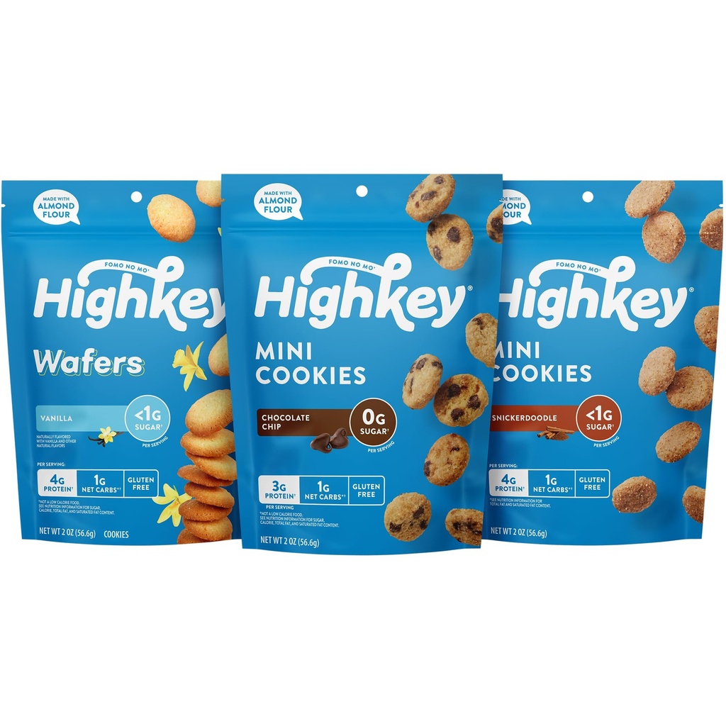HighKey Sugar Free Cookies Variety Pack - 6.0oz Keto Snacks Zero Carb No Sugar 3-Pack Chocolate Chip Cookie, Snickerdoodle,Vanilla Wafers Low Carb Gluten Free Diabetic Snack Diet Friendly Food Sweets