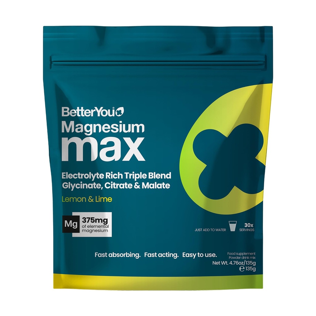 BetterYou Magnesium Max 3 in 1 Drink Powder - Magnesium Glycinate, Citrate, and Malate Blend - Vegan - Lemon and Lime - 4.76 oz
