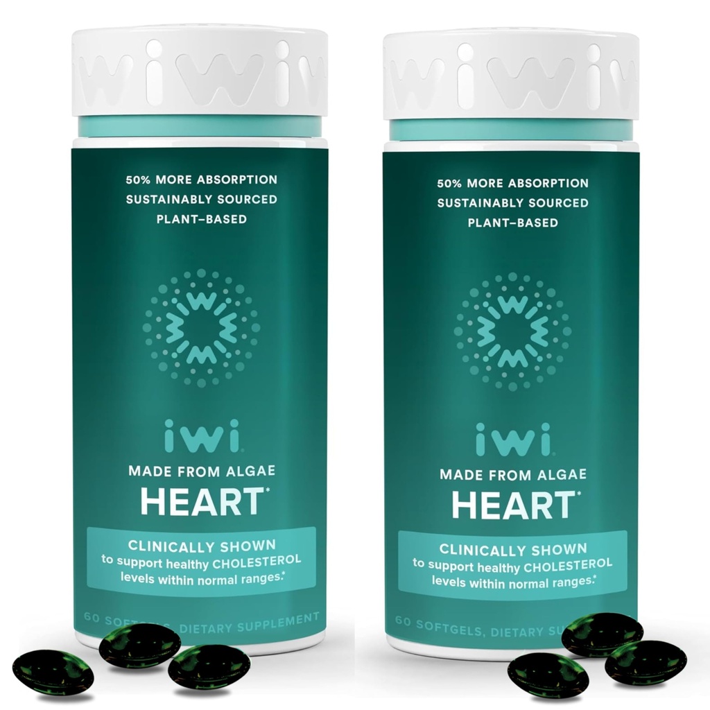 Iwi Life Heart Omega-3, 120 Softgels (60 Servings), Vegan Plant-Based Algae Omega Fatty Acids + EPA, Heart Health Support Dietary Supplement, Krill & Fish Oil Alternative, No Fishy Aftertaste