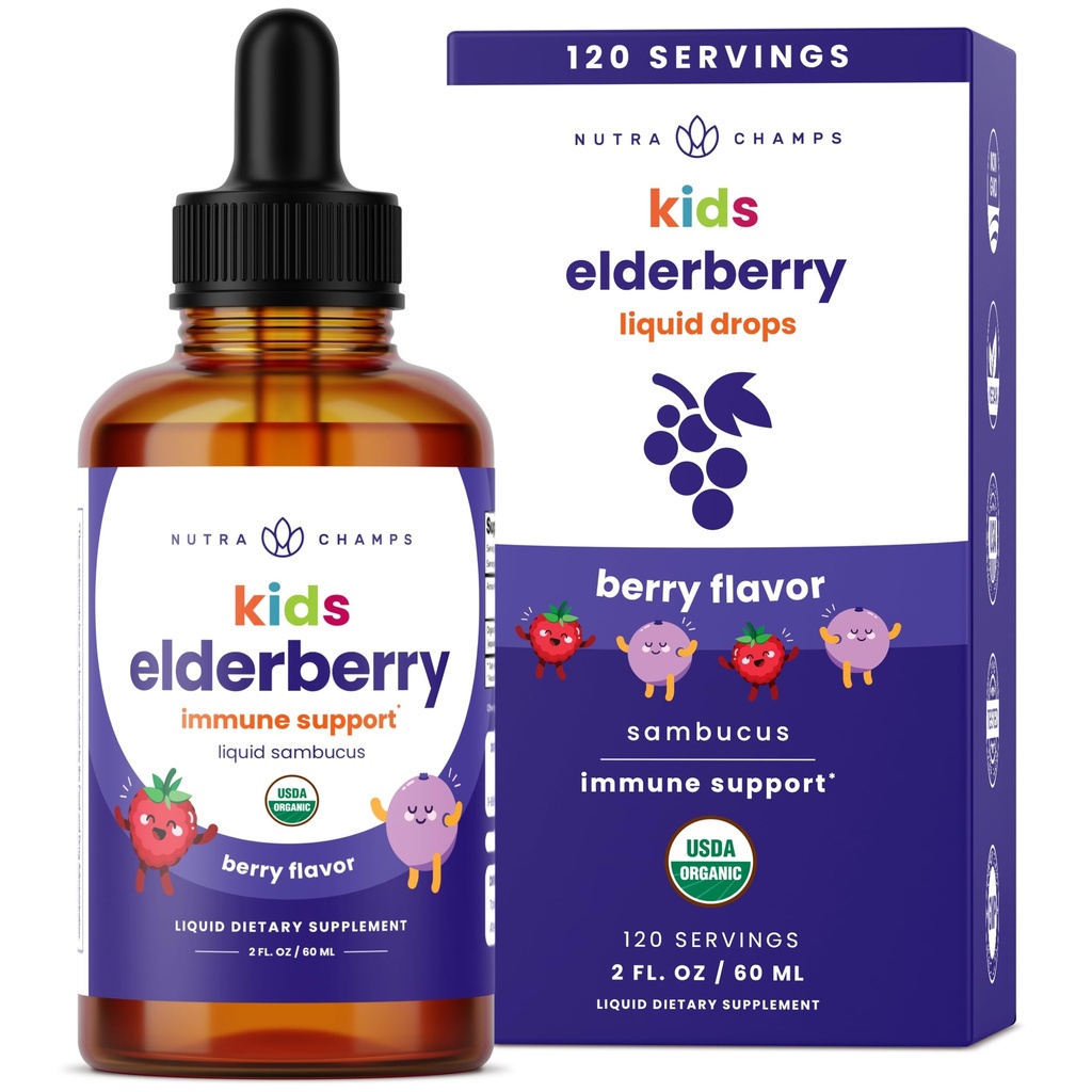 NutraChamps Black Elderberry for Kids Liquid Drops, 10:1 Extract Sambucus Elderberry Syrup for Kids, Sugar-Free European Elderberry Drops Berry Flavor, Immune Support, 4 Month Supply
