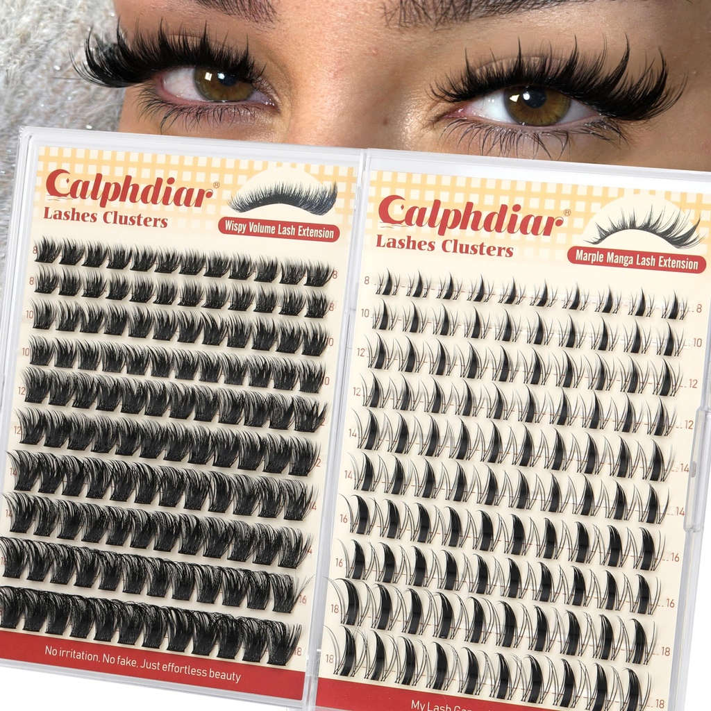 Calphdiar Lash Clusters Wispy & Manga Eyelash Clusters 8-18MM DIY Volume Lash Extensions C Curl Individual Lashes for Daily Wear & Glam Looks Reusable Lash Clusters for Beginners