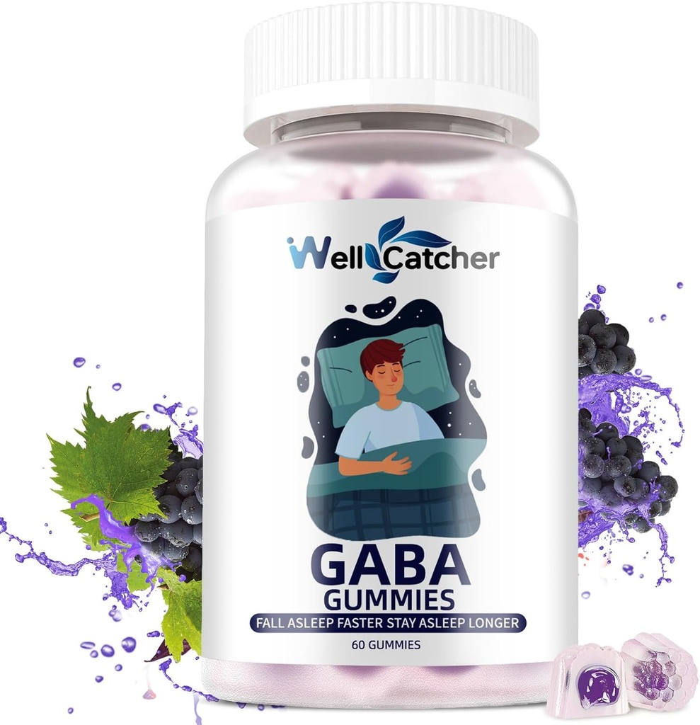 GABA Supplement Gummies 500mg: Chewable GABA L-theanine Supplement Gummies for Adults Kids Non Melatonin Sleep Aid Calm Mind with 5-HTP for Stress Relief Zzz Better Sugar Free Grape Flavor 60CT