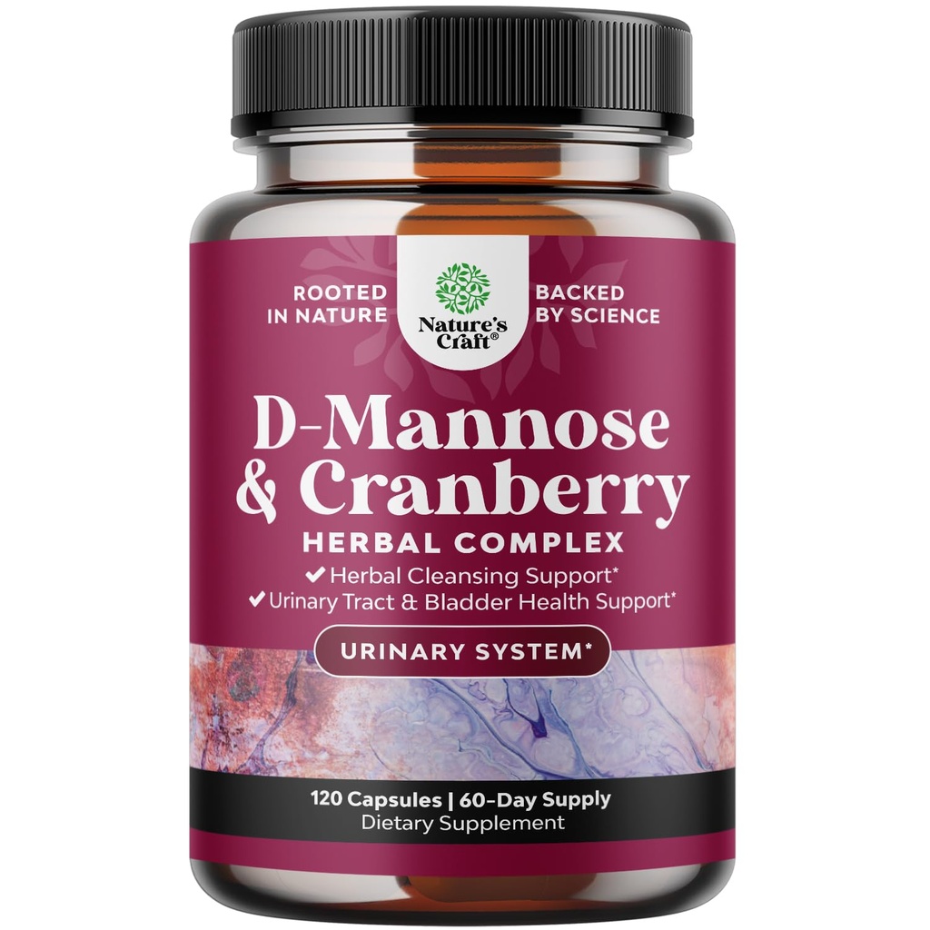 D Mannose with Cranberry Supplement - D Mannose 1000mg per Serving Capsules for Kidney Defense Support & Cleanse and Urinary Tract Health for Women & Men - Adults Bladder Health Supplement - 120 Count