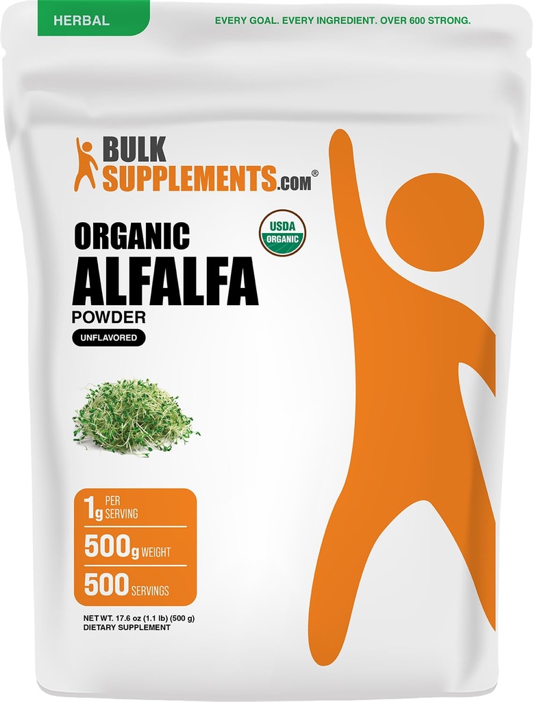 BulkSupplements.com Organic Alfalfa Grass Powder - Alfalfa Supplement, Green Superfood Powder - Vegan & Gluten Free, 5g per Serving, 500g (1.1 lbs) (Pack of 1)