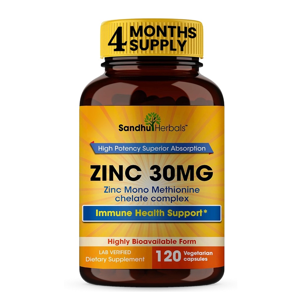 SANDHUHERBALS Zinc 30mg Capsules for Men & Women | 120 Count (Pack of 1) | Zinc Supplements for Immune & Antioxidant Support | Zink 30 mg Supplement Supports Skin Health