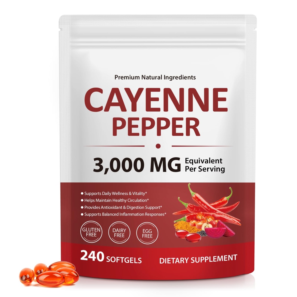 Cayenne Pepper Capsules - Premium Cayenne Pepper Supplement for Healthy Circulation & Vitality Support - Daily Wellness Support Supplement 240 Softgels