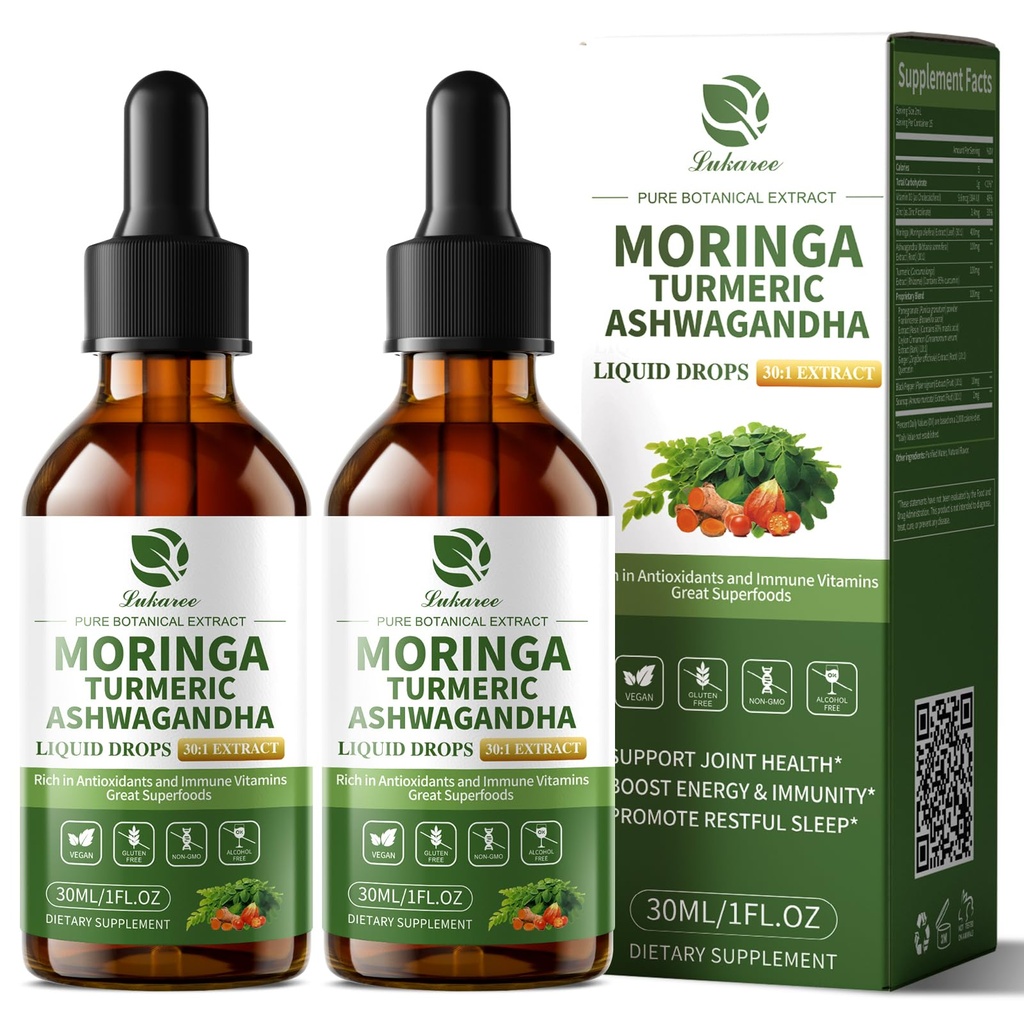 Lukaree 12-in-1 Lipsomal Moringa Leaf Drops with Ashwagandha Turmeric Quercetin, 98% Absorption & Pure Moringa Extract for Energy Immune Joint Digestive Support, Vegan Non-GMO Gluten-Free