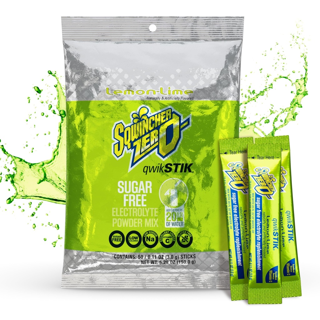 Sqwincher® Qwik Stik® Zero Single Serve, 0.11 oz Packs, 20 oz Yield, Lemon-Lime, 50/Bag - 1 Each