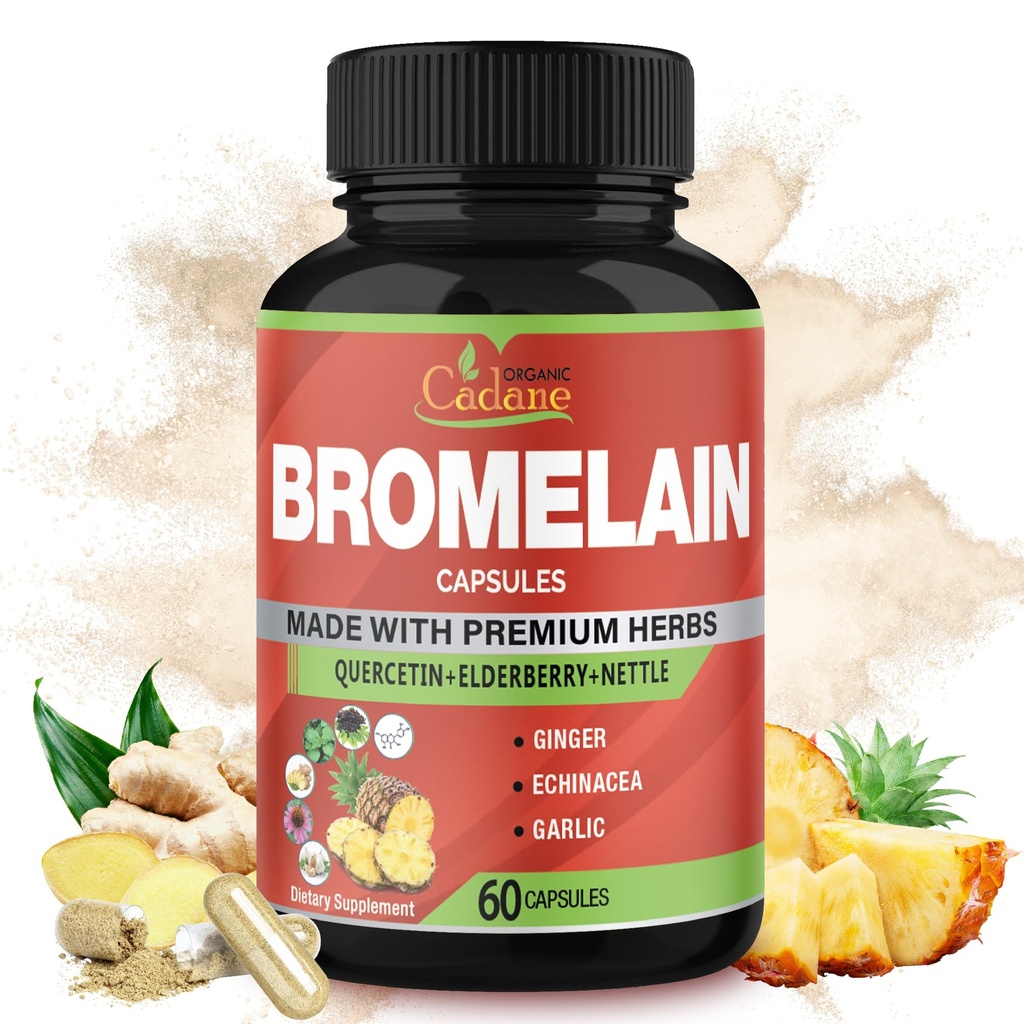 Organic Cadane Bromelain Extract Capsules, 8in1 with Quercetin, Elderberry, Nettle, Ginger, Echinacea, Garlic, Black Pepper - Support Digestion Health & Immune System - 60 Capsules
