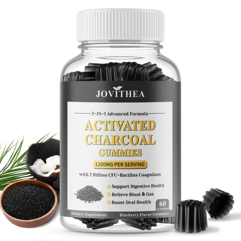 Activated Charcoal Gummies 1200mg, with Organic Coconut Shell Charcoal & 2 Billion Probiotics, Natural Gas & Bloating Relief, Digestive Support, Non-GMO, Vegan, Gluten Free, Blueberry Flavor, 60Ct