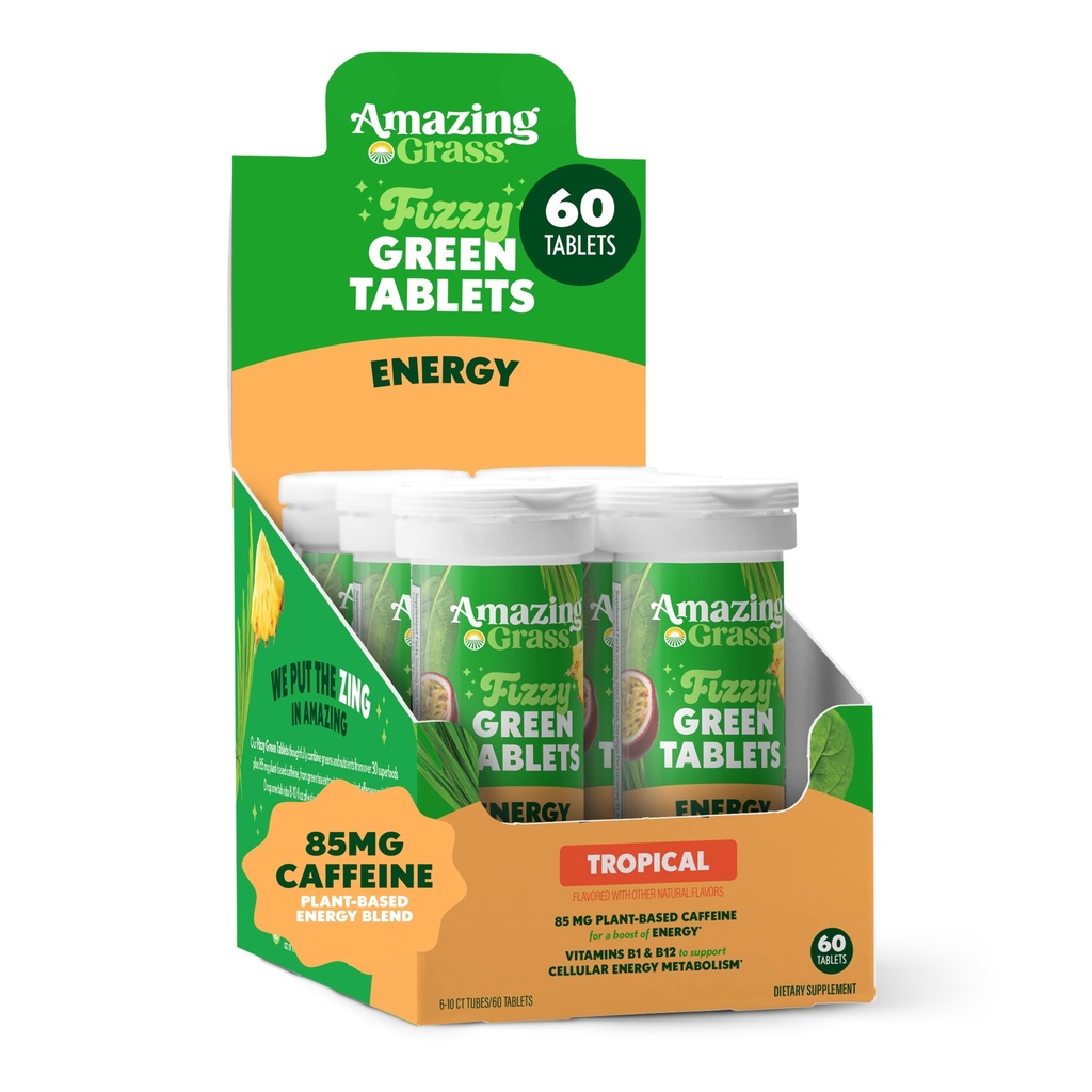 Amazing Grass Fizzy Green Tablets, Effervescent, Greens Tablets, 85mg Plant Based Caffeine, Vitamin B1, Vitamin B12, Water Flavoring, Antioxidants, Energizing Tropical, 60 Count (Packaging May Vary)