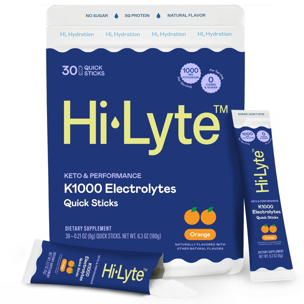 Hi-Lyte K1000 Electrolytes Quick Sticks, Orange, 30 Ct | 1,000mg Potassium, Zero Sugar, Non-GMO, Vegan, Gluten-Free, No Maltodextrin, Keto-Friendly, Blended in USA