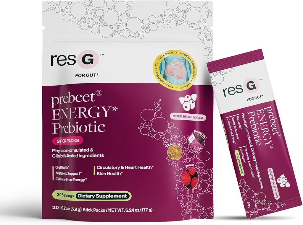 resG prebeet Prebiotic - Fiber Digestion Supplement, Drinkable GLP-1, Powder Packets for Women & Men, On The Go Gut Health Drink Mix, Gluten Free, Sugar Free - 30 Stick Packs