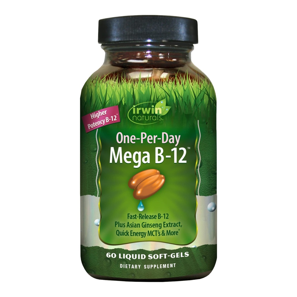 Irwin Naturals One-Per-Day Mega B-12 1,500mcg High Potency Methylcobalamin Vitamin - Fast Enhanced Absorption with MCT + Asian Ginseng - Natural Energy Boost - 60 Liquid Softgels
