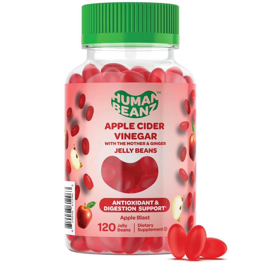Human Beanz Apple Cider Vinegar Jelly Bean Gummies with the Mother and Ginger, Vegetarian Dietary Supplements for Men and Women, Digestive Health Support, 120 Apple Blast Jelly Beans, Kosher