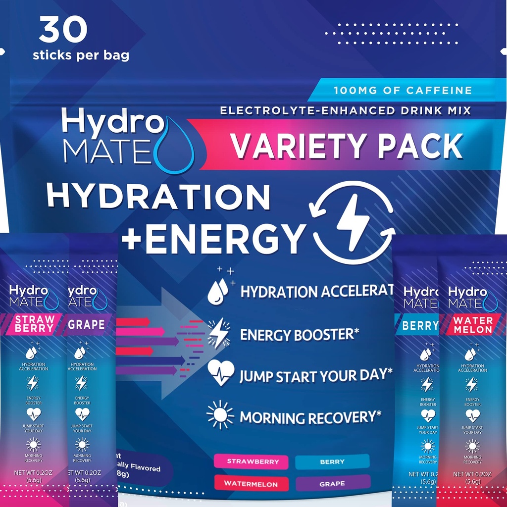 HydroMATE Electrolytes Powder Drink Mix Packets Hydration Accelerator Low Sugar Party Favors for Rapid Recovery Vitamin C Plus Caffeine Variety Pack - 30 Count