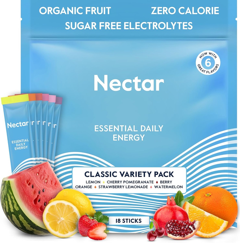 Nectar Energy Booster - Organic Caffeine, B12 & Electrolytes - Sugar Free & Zero Calorie – Healthy Coffee, Energy Drink & Soda Alternative – Hydration & Energy Supplement (Variety 18 Powder Packets)