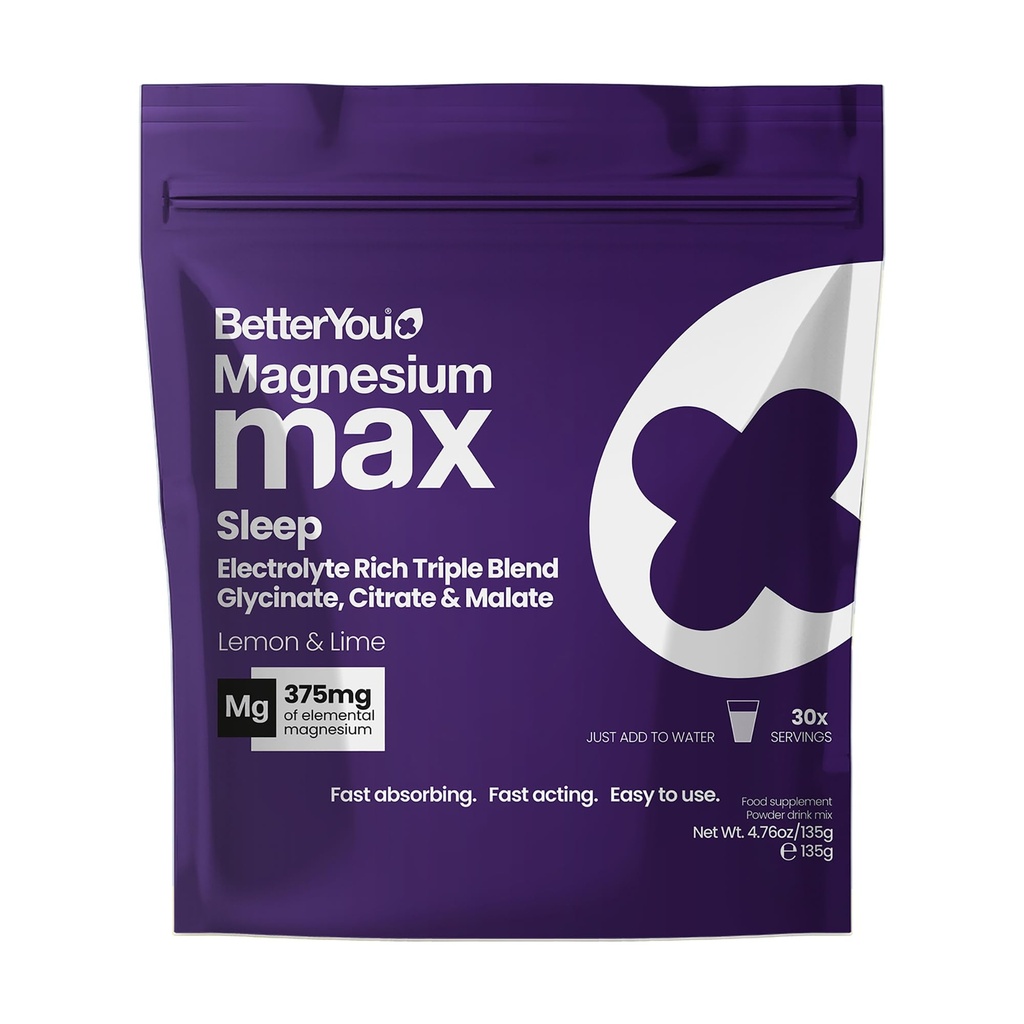 BetterYou Magnesium Max 3 in 1 Nighttime Drink Powder - Glycinate, Citrate, and Malate Blend - Vegan - Lemon and Lime - 4.76 oz