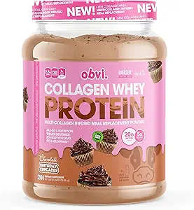 Obvi Collagen Whey Protein Powder | Post Workout Shake, Supports Muscle Growth, Healthy Hair, Skin, Nails, Joints, Gut | Multi-Collagen Infused Meal Replacement | Chocolate Bday Cupcakes, 20 Servings