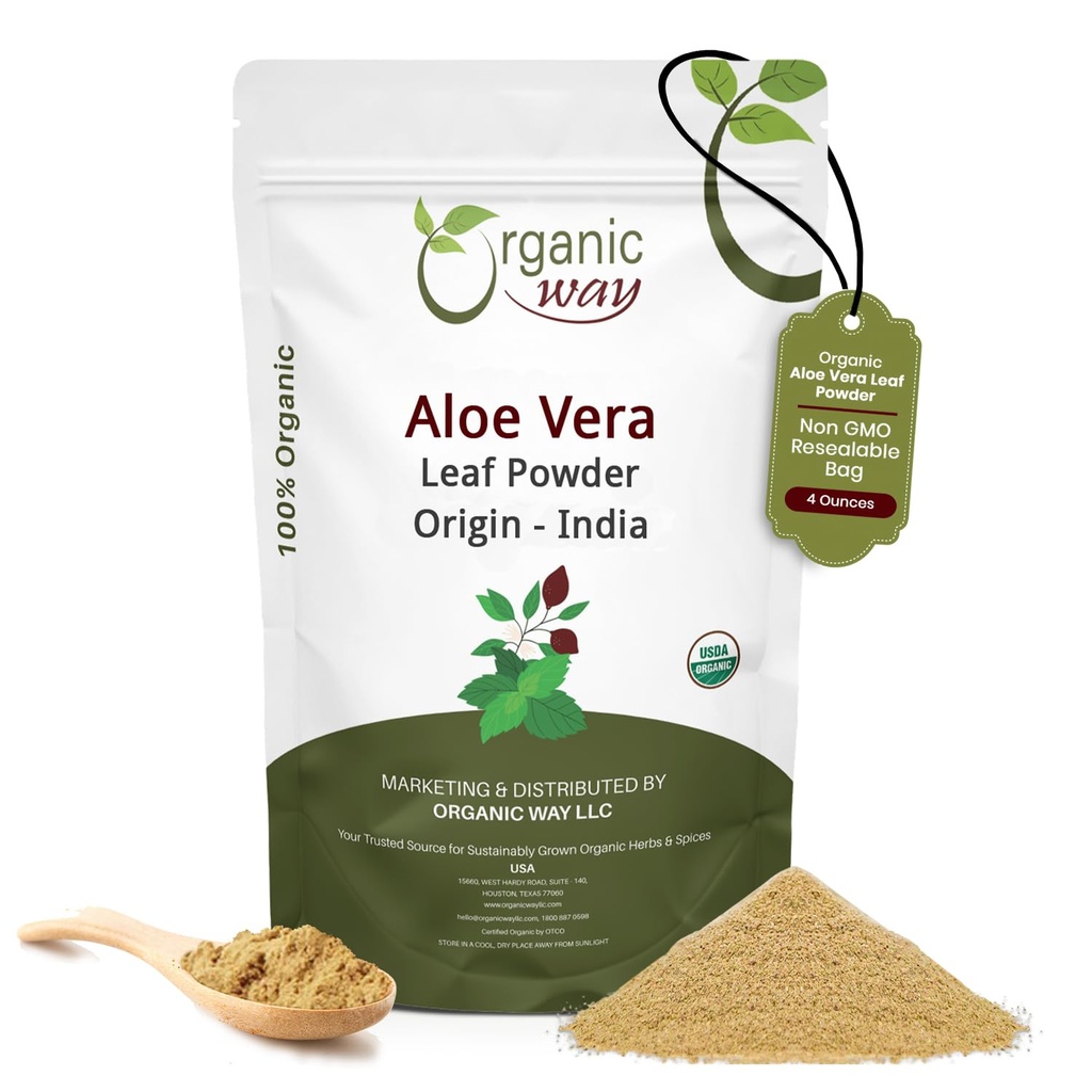Organic Way Aloe Vera Leaf Powder - Origin - India (4 Ounce) | Aloe barbadensis botanical herb, USDA Organic and Kosher Certified; raw, vegan, Non-GMO, and gluten-free.