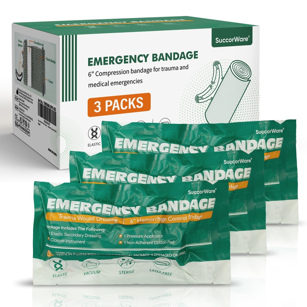 SuccorWare 6 Inch 3 Packs Israeli Bandage - Emergency Bandage with Vacuum Sterile Package - for Wound Dressing, First Aid Kit, Medical Trauma Kit Refill