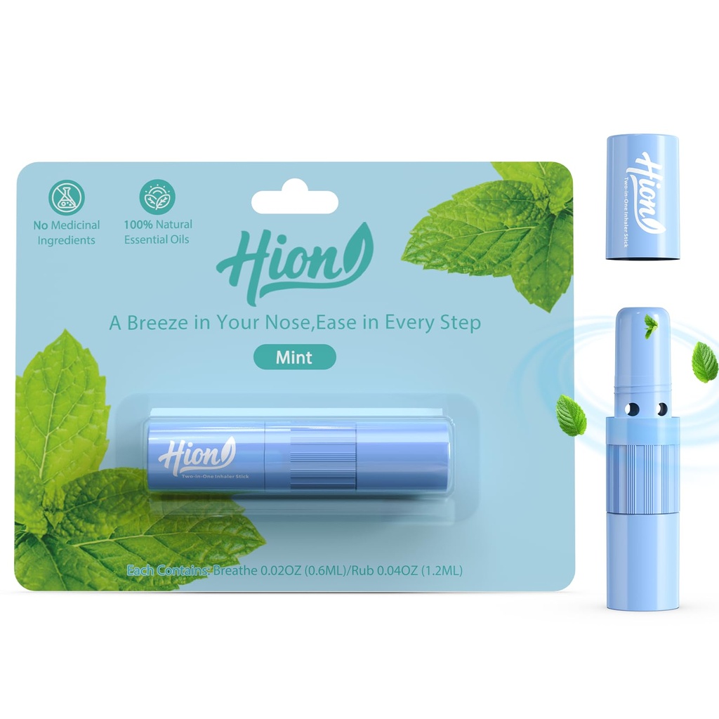 Hion Nausea Relief Inhaler 100% Natural Essential Oil,Dual-Use for Motion Sickness,Morning Sickness,Sea Sickness and Stress with Fast-Acting Relief,Mint,1 Pcs