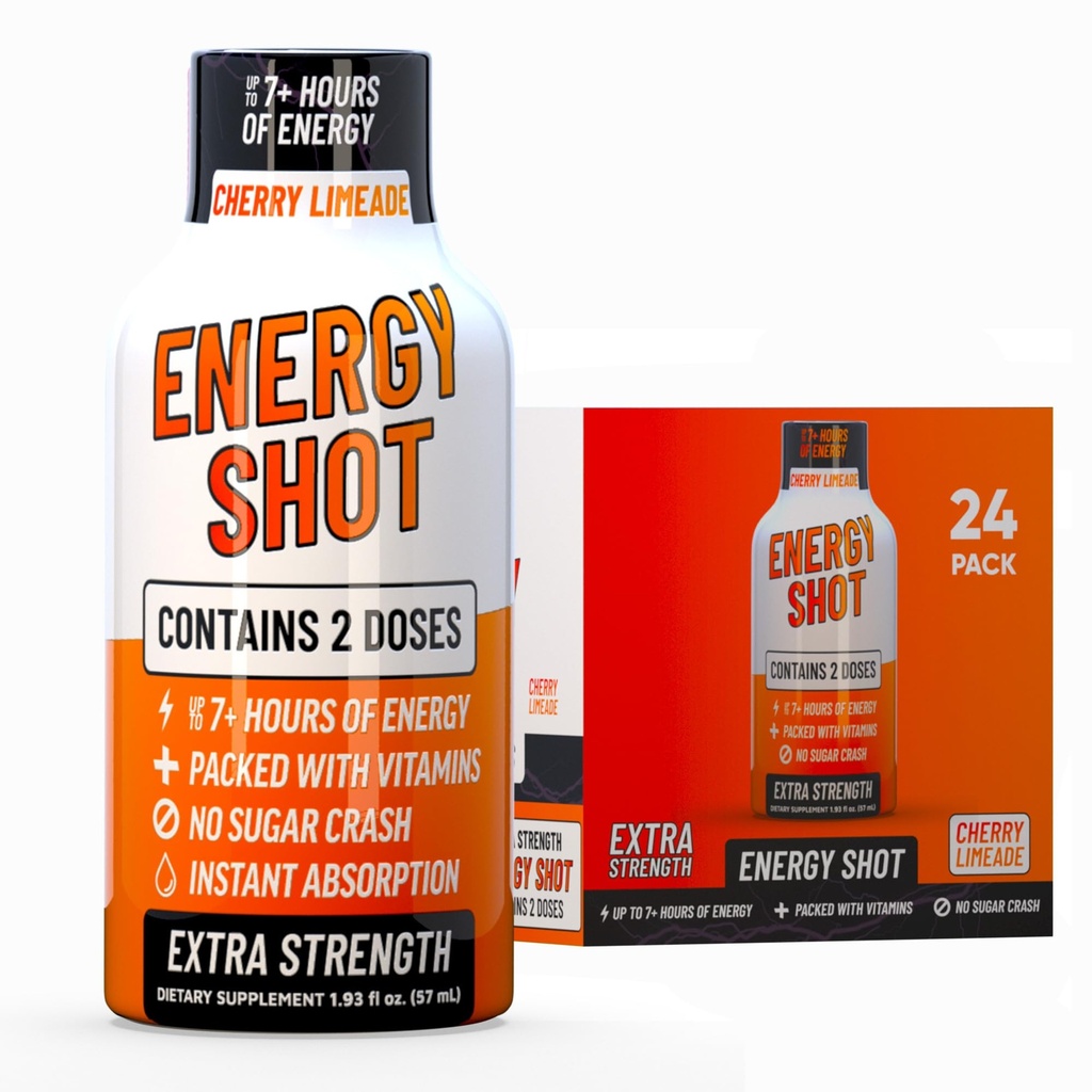 Cherry Limeade Extra Strength Energy Shot 24 pk – 260mg Natural Caffeine B12 B6 – Energy & Focus Support – 2 Servings Sugar Free Zero Calorie Green Tea B-Vitamins Electrolytes Vegan – 1.93 fl oz