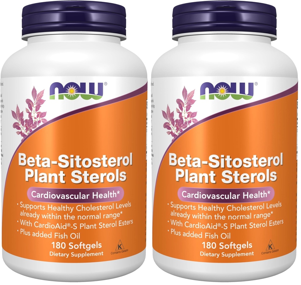 NOW Foods Supplements, Beta-Sitosterol Plant Sterols with CardioAid®-S Plant Sterol Esters and Added Fish Oil, 180 Softgels, (Pack of 2)