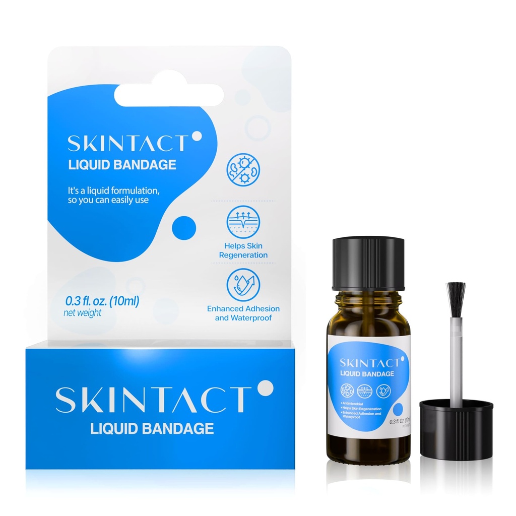 SkinTact Liquid Bandage with Centella Asiatica Extract & Glyceryl Monolaurate – Long-Lasting Waterproof, Transparent Coverage for Minor Cuts & Scrapes, Keep in First Aid kit, 0.3 oz
