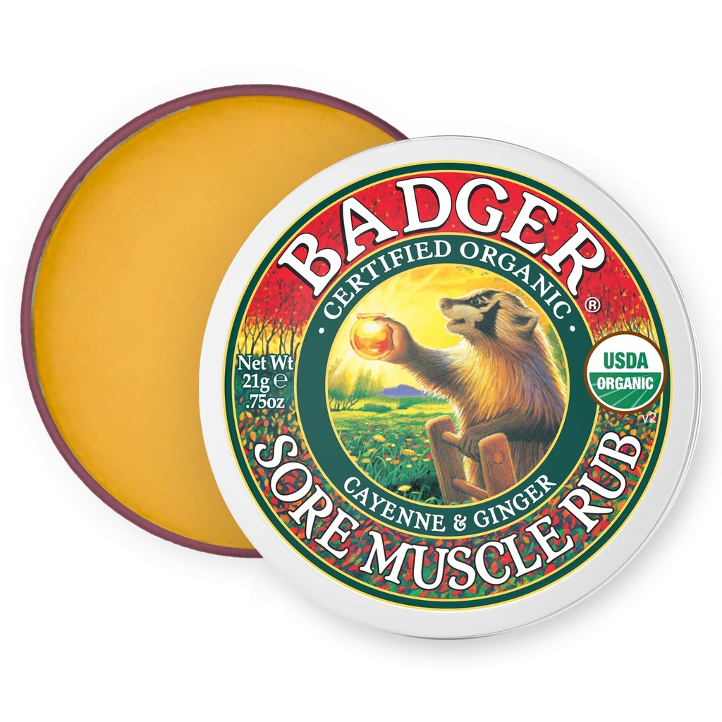Badger - Sore Muscle Rub, Cayenne Pepper and Ginger, Organic Sore Muscle Rub, Warming Balm, Muscle Relief Balm, Warming Muscle Rub, Sore Muscle Balm, 0.75 oz