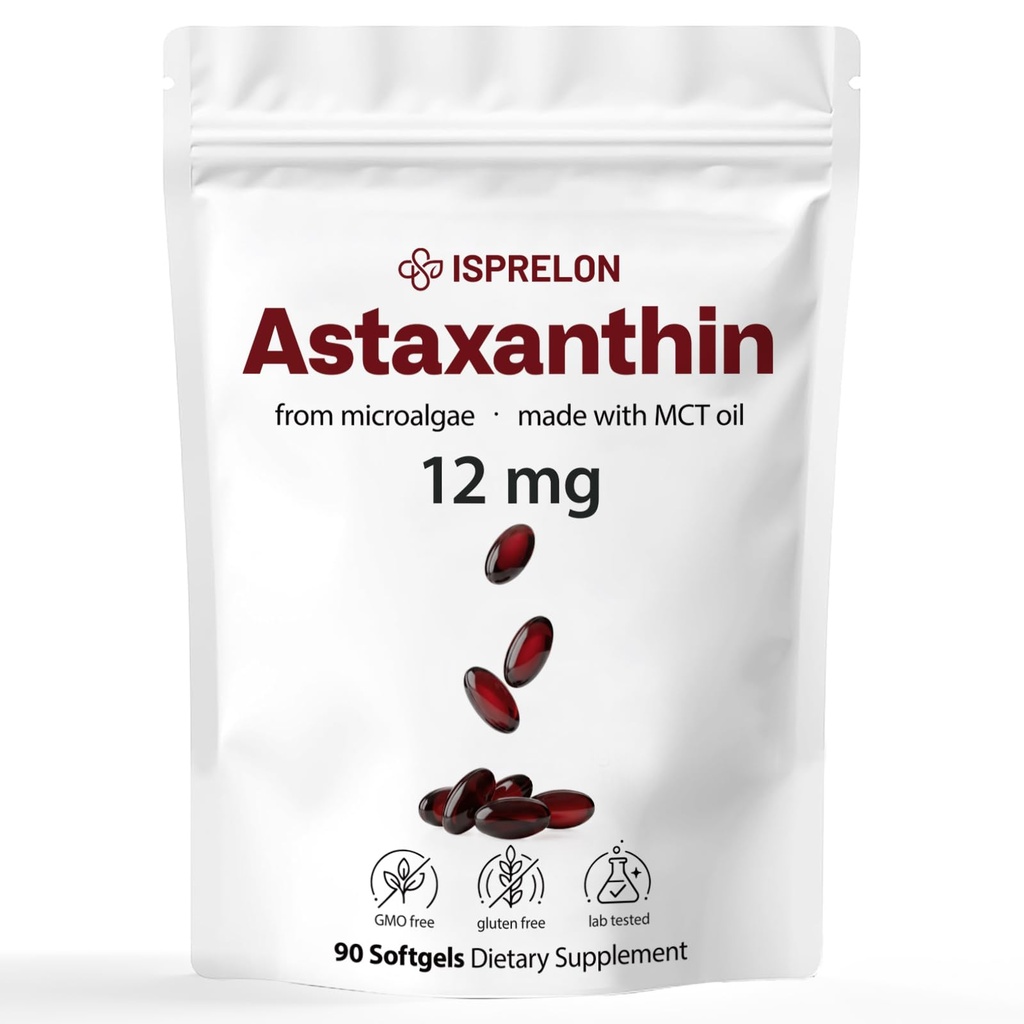 Astaxanthin 12mg with MCT Oil - Travel Size 90 Softgels, 3 Month Supply, Astaxanthin Supplements, Organic Antioxidant from Natural Microalgae, Support for Skin, Joint & Eye Health, Non-GMO
