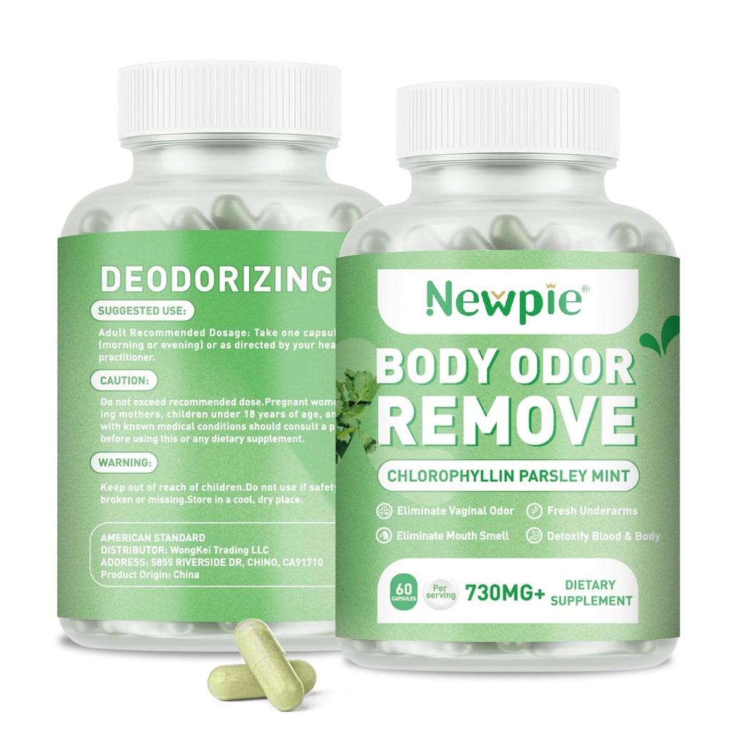 Newpie Body Deodorizing Supplement, Chlorophyll Capsules for Skin Body Odor, Fresh Breath & Gut Odor Control for Men & Women | Vegan with Parsley Leaf Green Tea, Gluten Free, 60 Capsules (1)